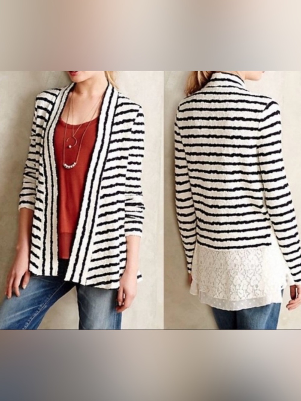 Anthropologie Letterpress Black&White Striped Lace Hem Open Cardigan - Size S